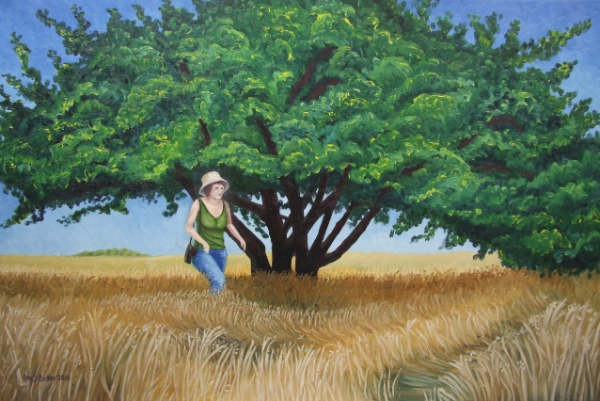 Frau vor Sanddornbusch, Öl auf Leinwand, 150 x 100 cm